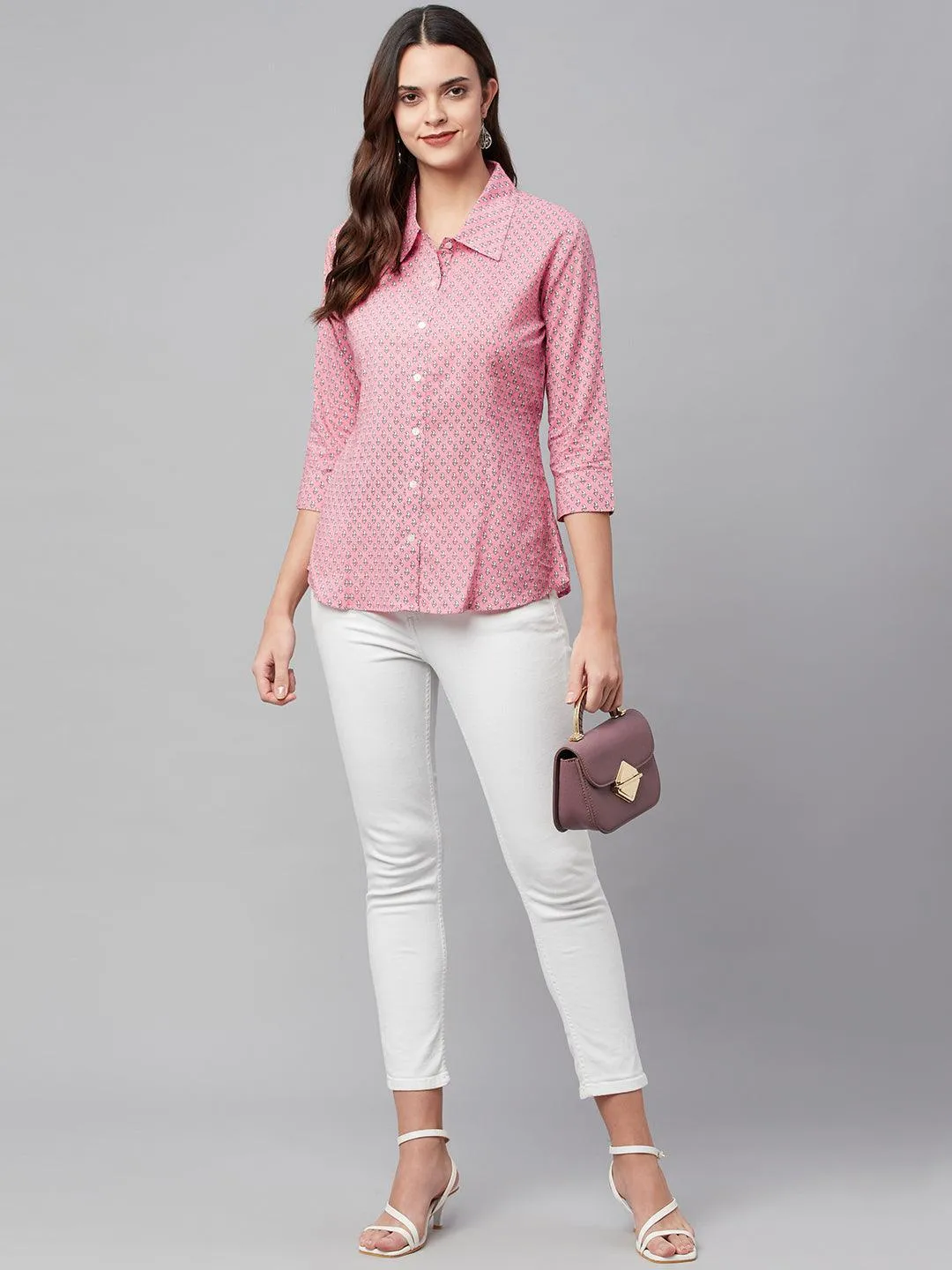 Baby Pink Block Printed Casual Women Shirts