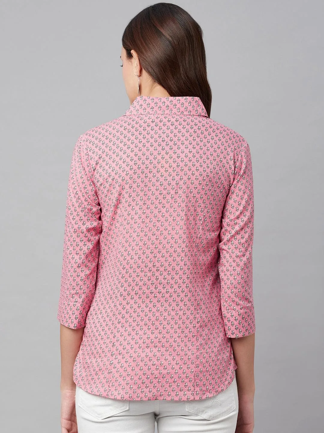 Baby Pink Block Printed Casual Women Shirts