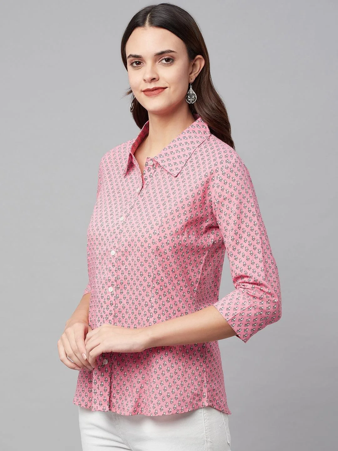 Baby Pink Block Printed Casual Women Shirts