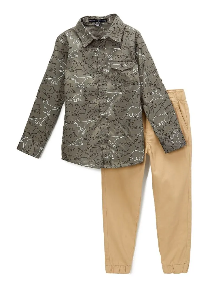 Beverly Hills Polo Club Boys 2 Piece Dino Print Dress Shirt Twill Pants Outfit, Sizes 4-7