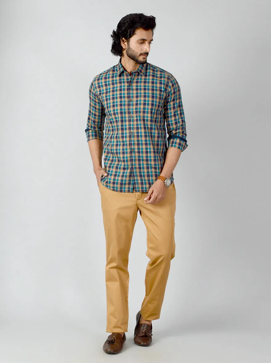 Blue & Mustard Checked Slim Fit Casual Shirt | JadeBlue