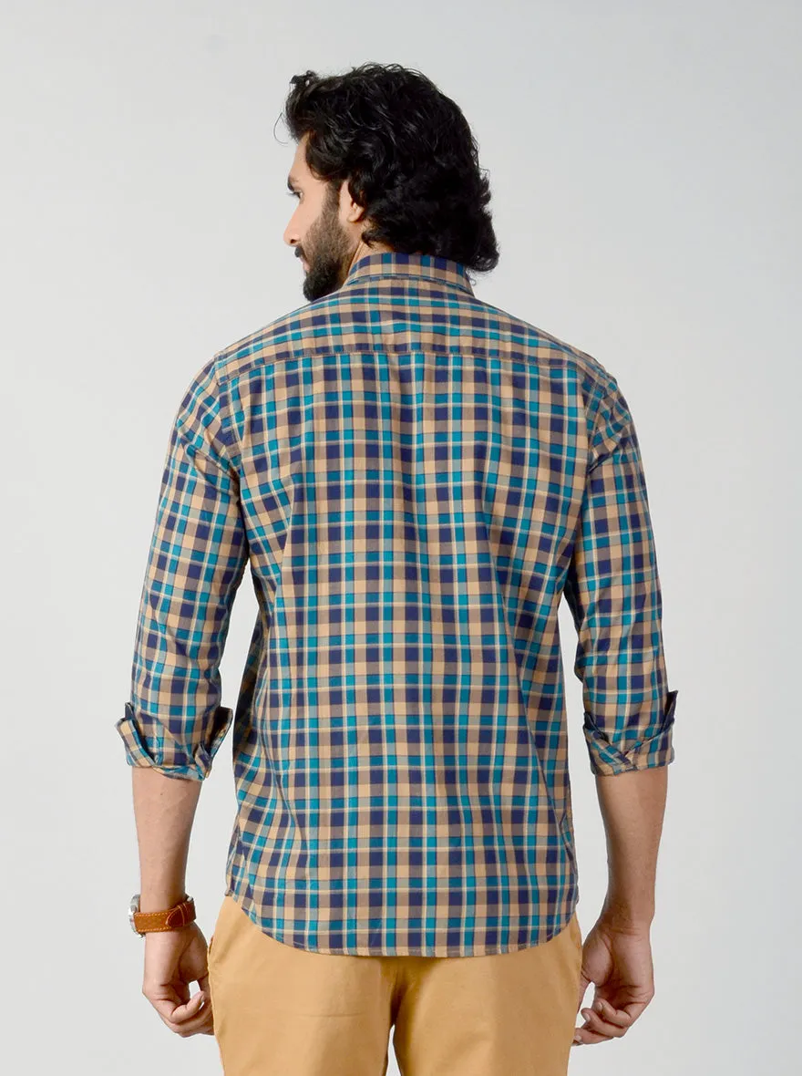 Blue & Mustard Checked Slim Fit Casual Shirt | JadeBlue