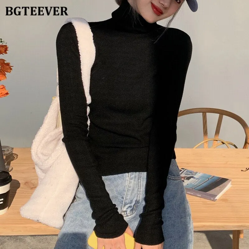 Christmas Gift Joskaa Casual Warm Turtleneck Sweaters for Women 2024 Autumn Winter Skinny Full Sleeve Ladies Knitted Pullovers Female Tops