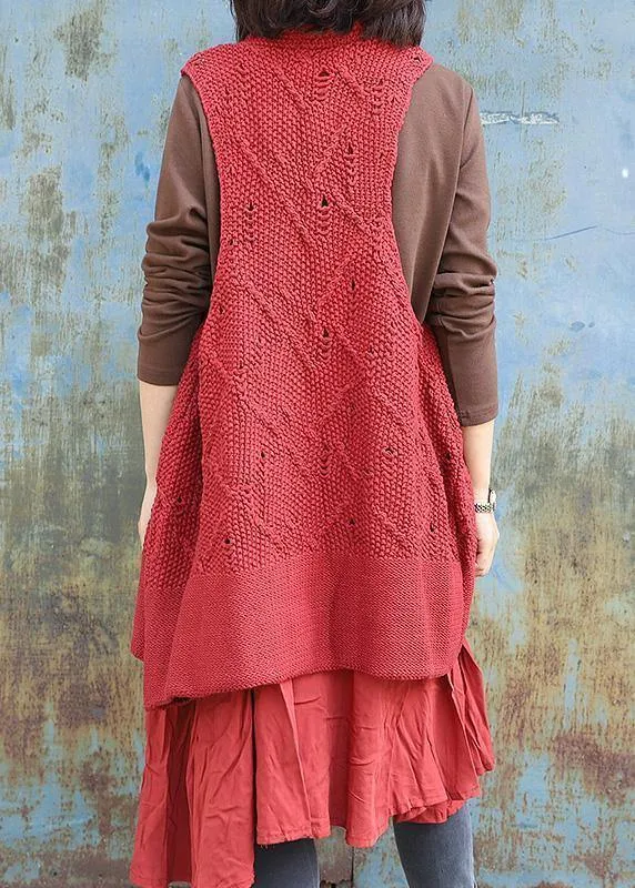 Chunky red knitted cardigans oversized sleeveless hollow out knit outwear