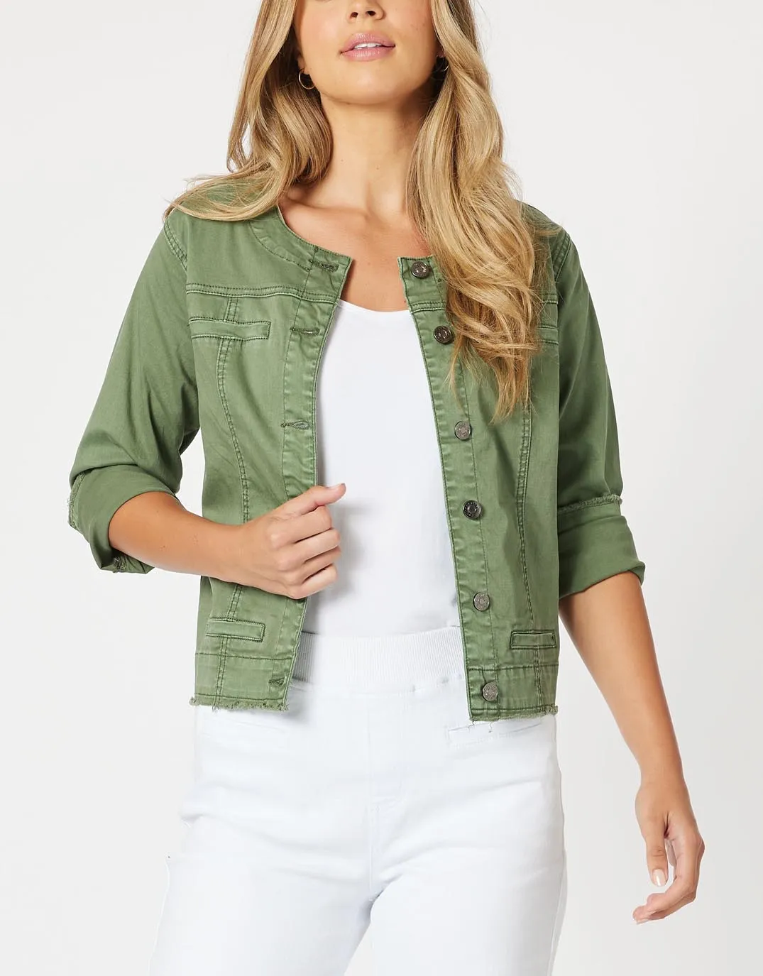 Collarless Denim Jacket - Khaki