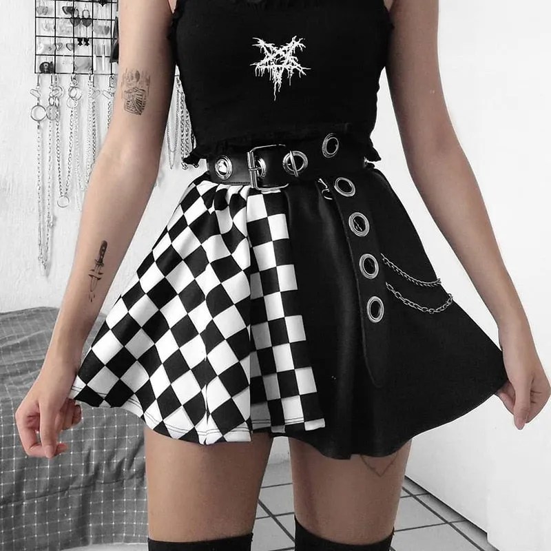 Dark Girl Contrast Plaid Stitching Skirt Sexy High Waist Overskirt In Summer Sexy Skirt Gothic