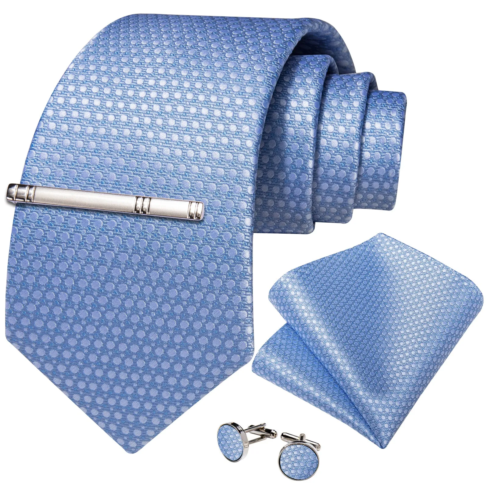 DiBanGu Silk Tie Light Blue Polka Dot Solid Men's Tie Handkerchief Cufflinks Clip Set