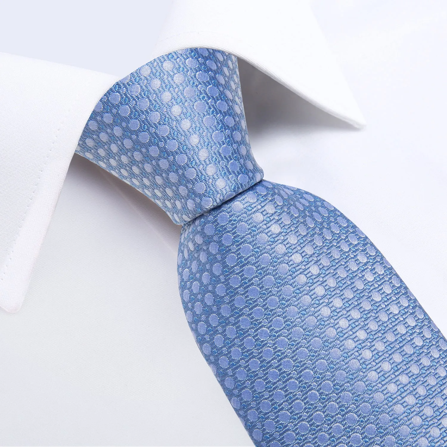 DiBanGu Silk Tie Light Blue Polka Dot Solid Men's Tie Handkerchief Cufflinks Clip Set