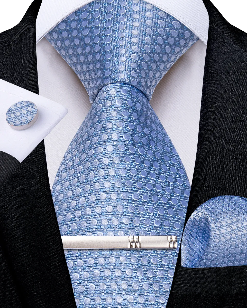 DiBanGu Silk Tie Light Blue Polka Dot Solid Men's Tie Handkerchief Cufflinks Clip Set