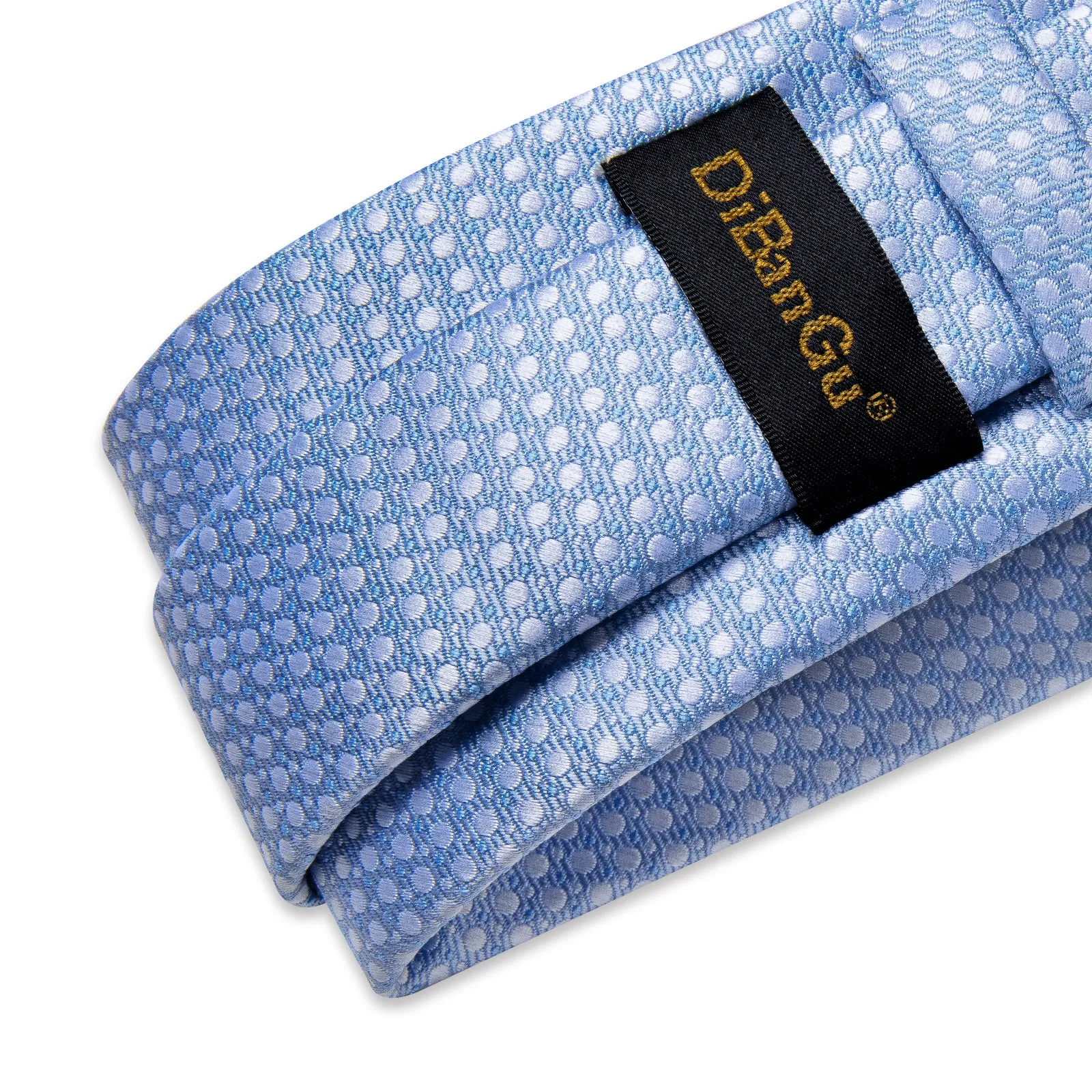 DiBanGu Silk Tie Light Blue Polka Dot Solid Men's Tie Handkerchief Cufflinks Clip Set