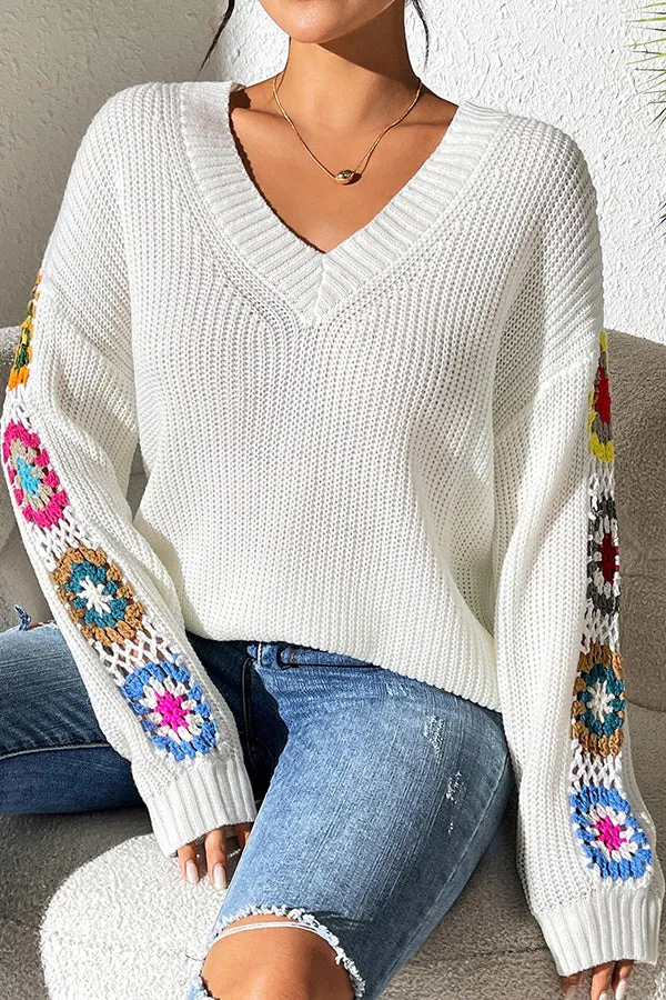 Fashion Hook Flower Long Sleeve V-Neck Loose Knitted Sweater