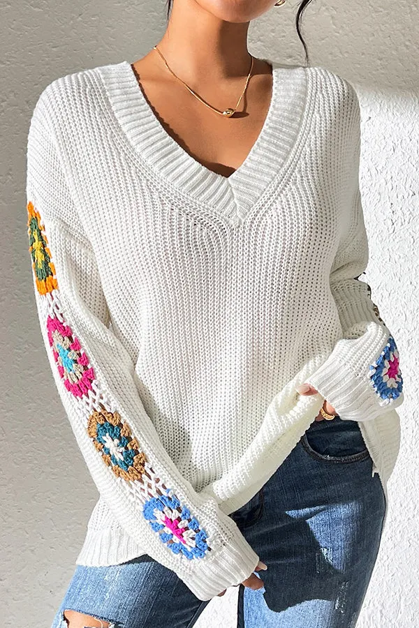 Fashion Hook Flower Long Sleeve V-Neck Loose Knitted Sweater