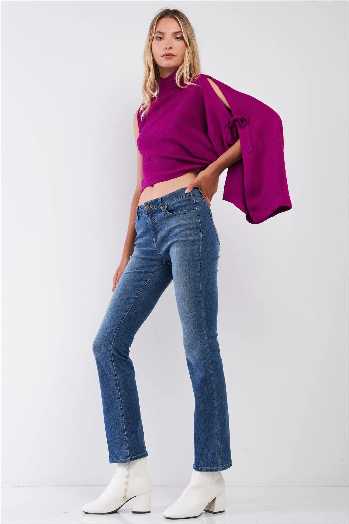 Fuchsia One-Shoulder Turtle Neck Bat Sleeve With Slit Cropped Sweaters /3-2-1