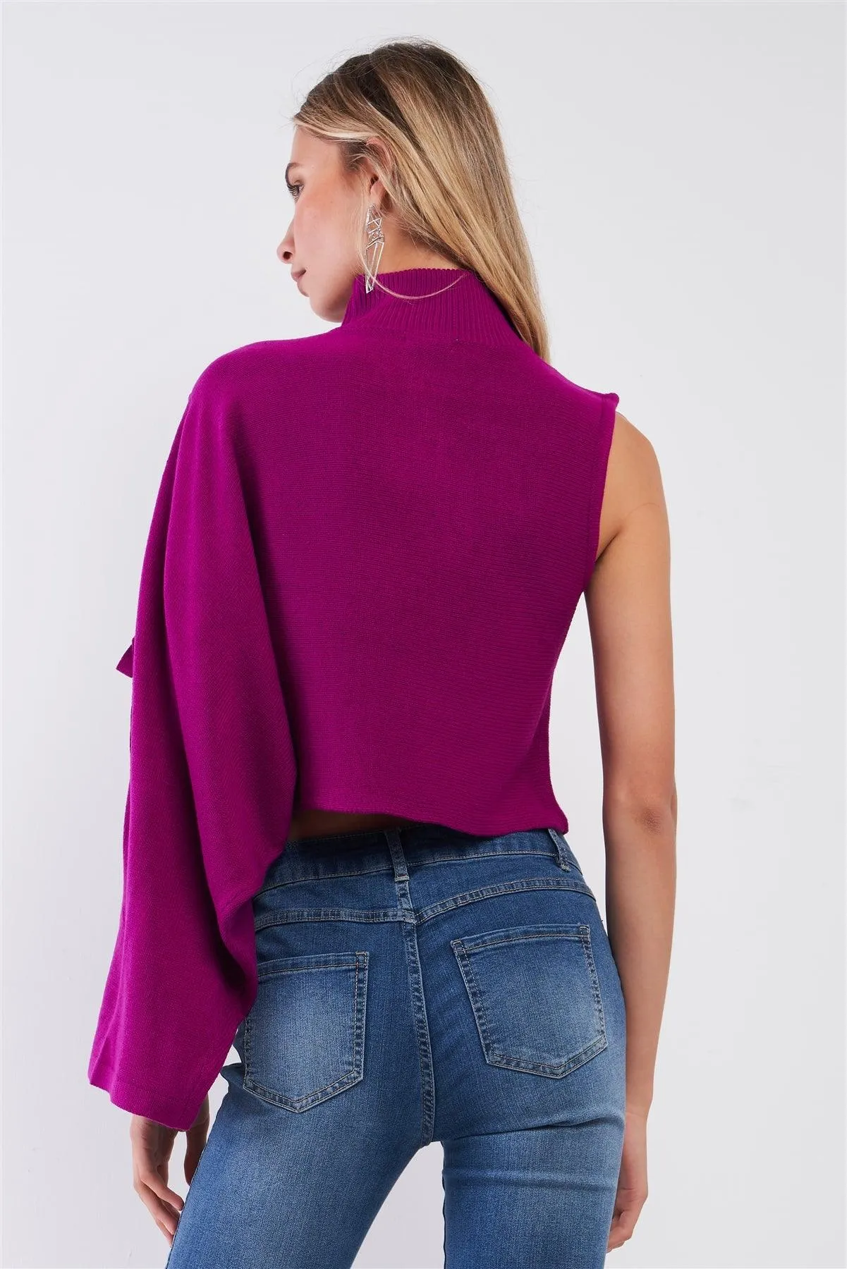 Fuchsia One-Shoulder Turtle Neck Bat Sleeve With Slit Cropped Sweaters /3-2-1