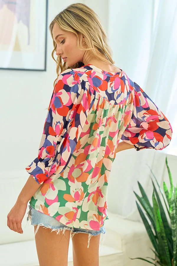 Full Size Floral Button Down Satin Shirt