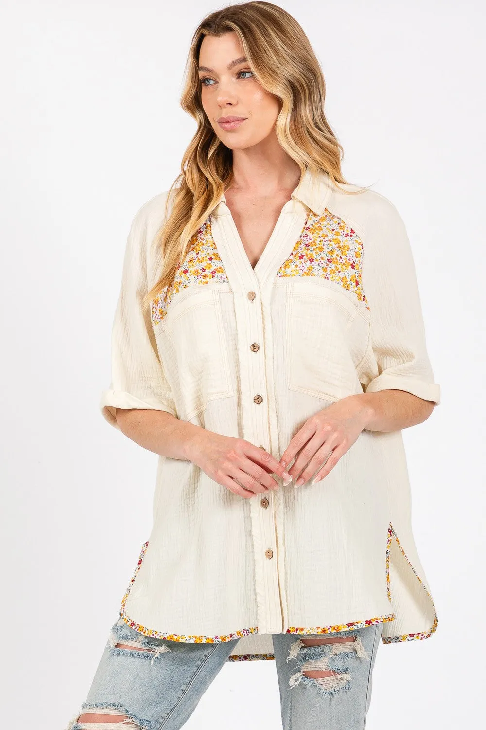 Full Size Floral Detail Button Up Short Sleeve Shirt