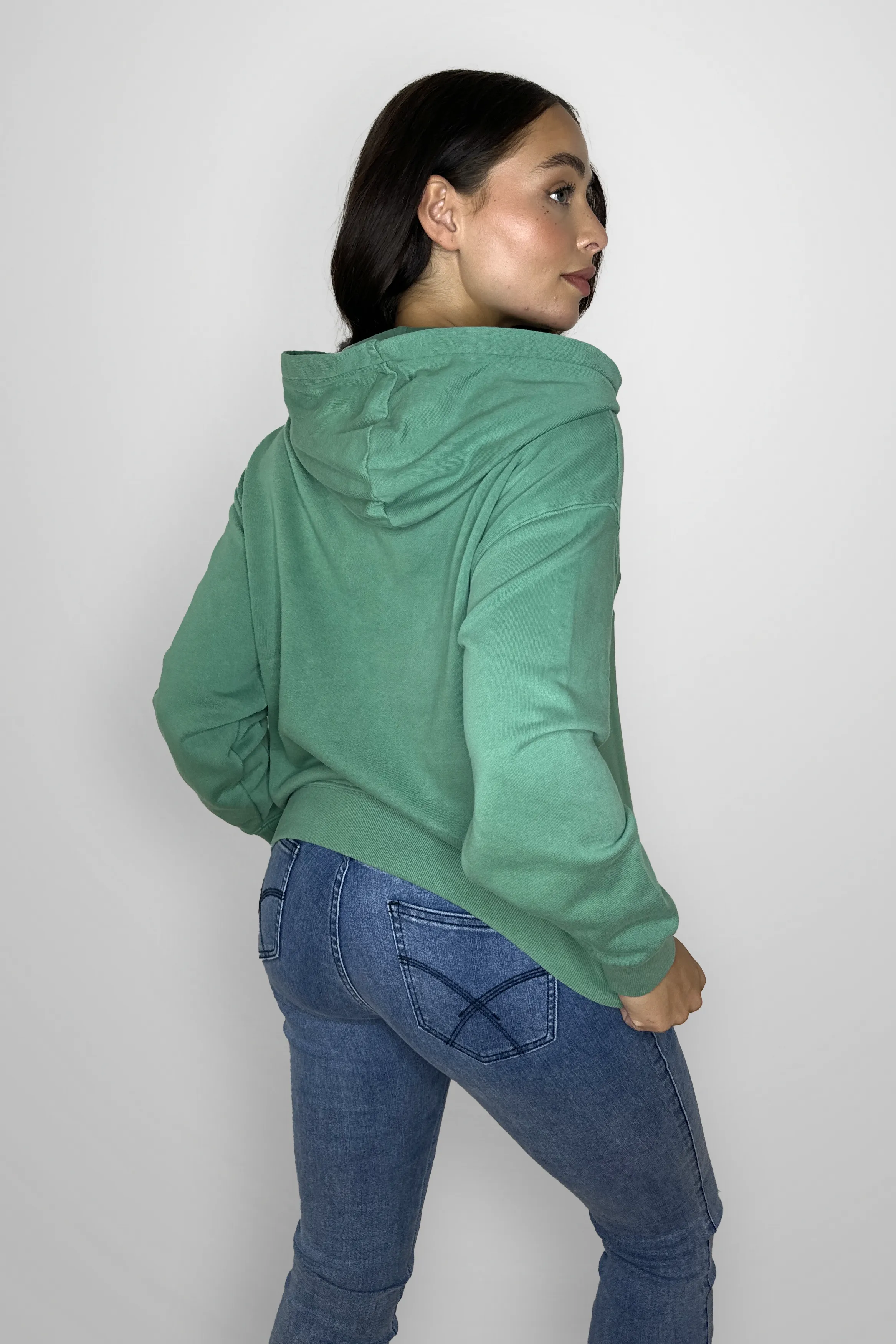 Green Relaxed Fit Fleeced Cotton Slogan Hoodie