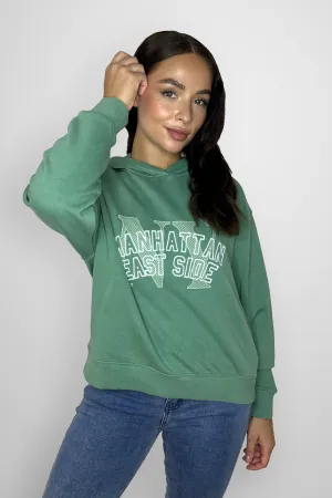 Green Relaxed Fit Fleeced Cotton Slogan Hoodie