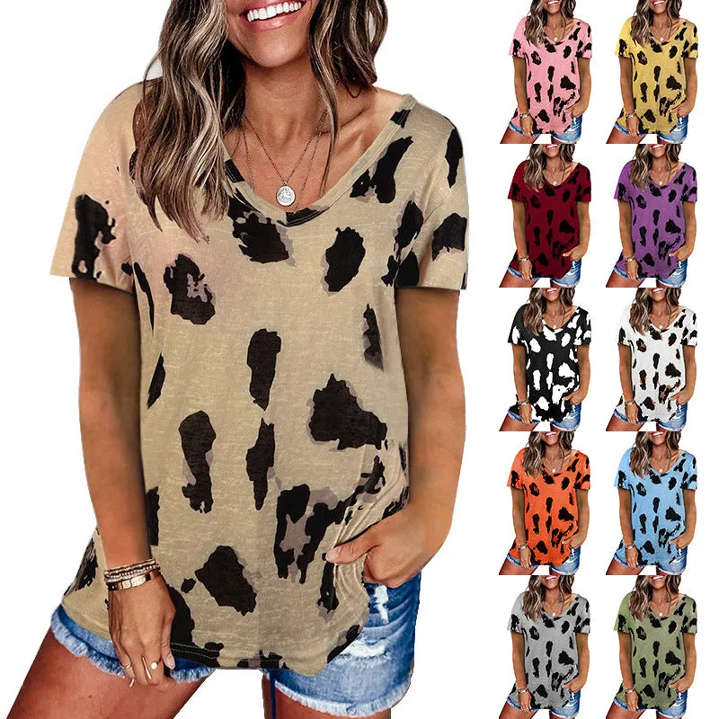 Haute Edition V-Neck Women's Leopard Print Summer Casual Top Tee