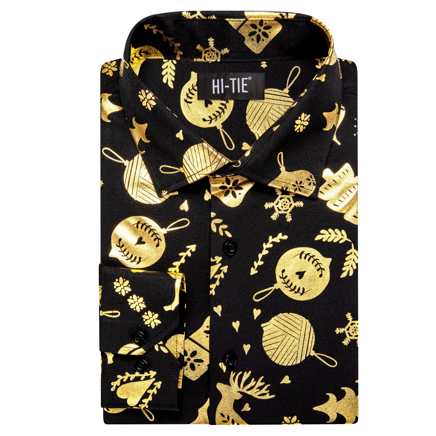 Hi-Tie Black Gold Novelty Men Long Sleeve Shirt Christmas Festival Top