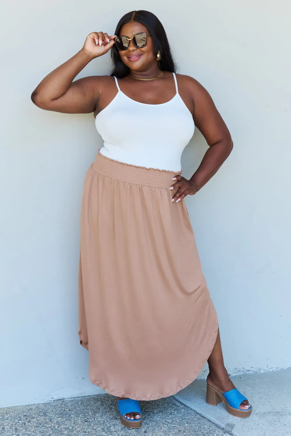 High Waist Scoop Hem Maxi Skirt in Tan