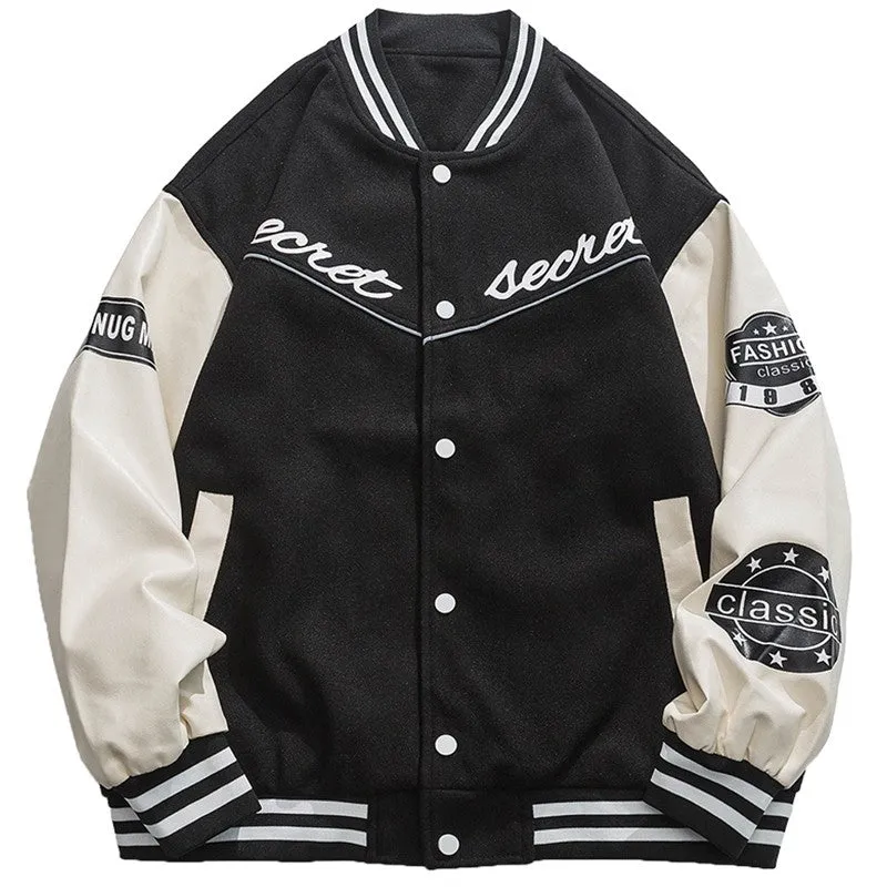 Hip-hop PU leather stitching baseball jacket men's trendy loose couple casual jacket