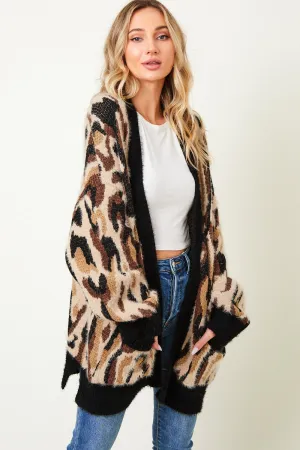 Leopard Pattern Button Down Long Sleeve Soft Loose Knit Sweater Cardigan