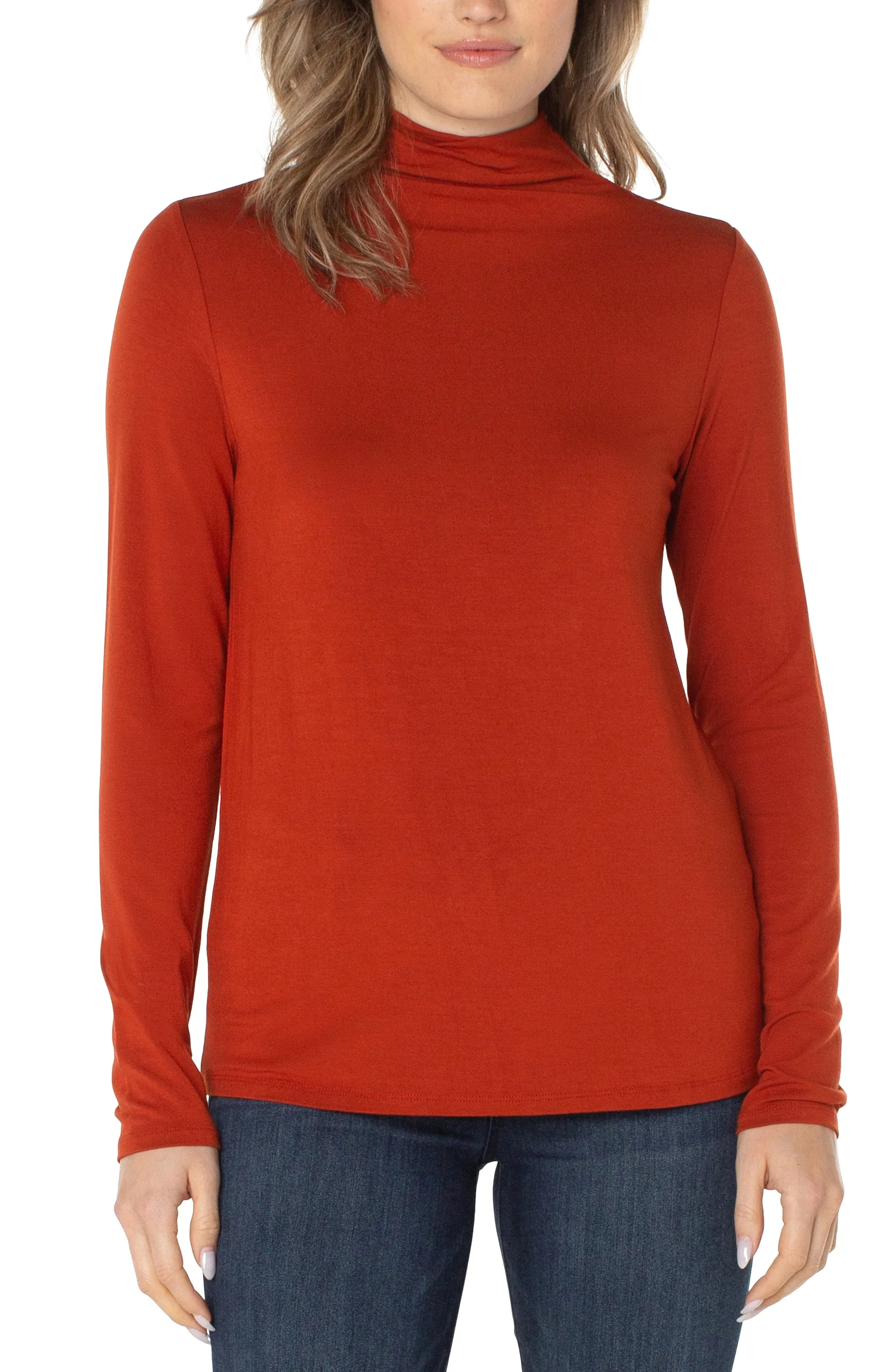 Liverpool Mock Neck Long Sleeve Knit Top (Red Velvet)