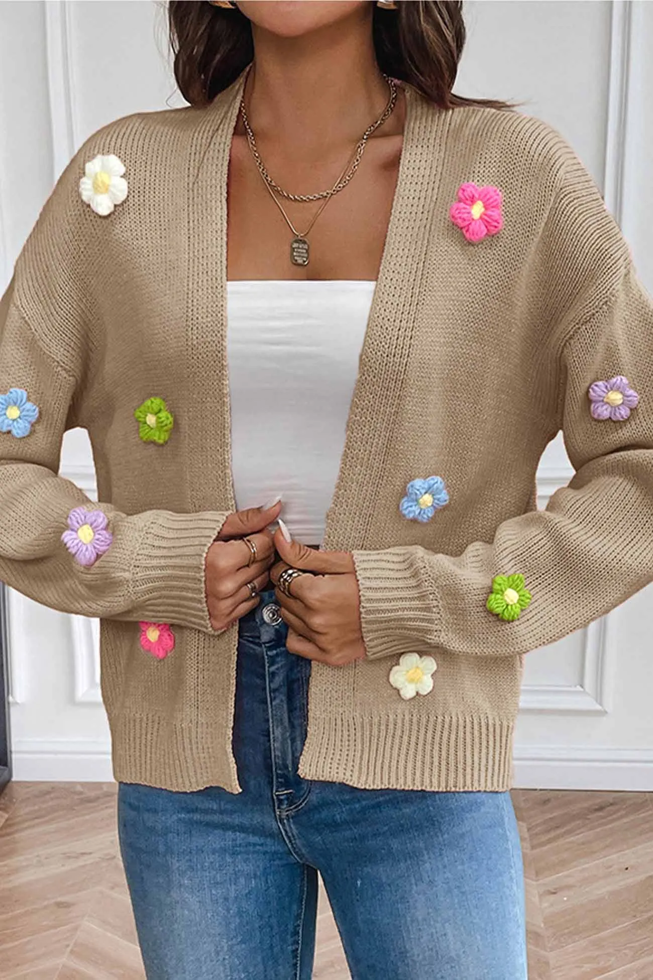 Long Sleeve Floral Knitted Cardigan