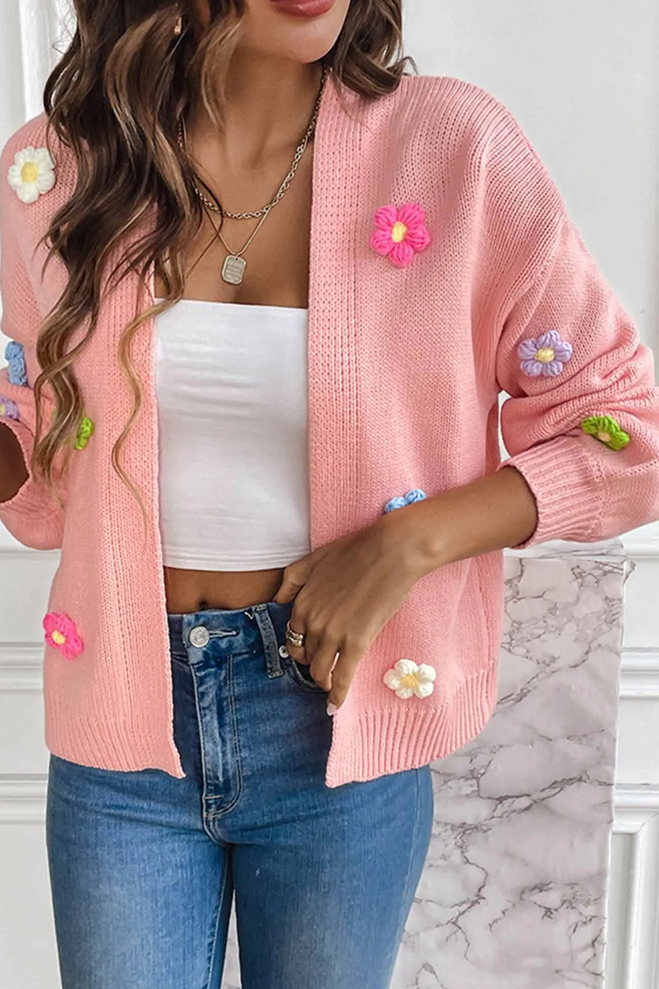 Long Sleeve Floral Knitted Cardigan