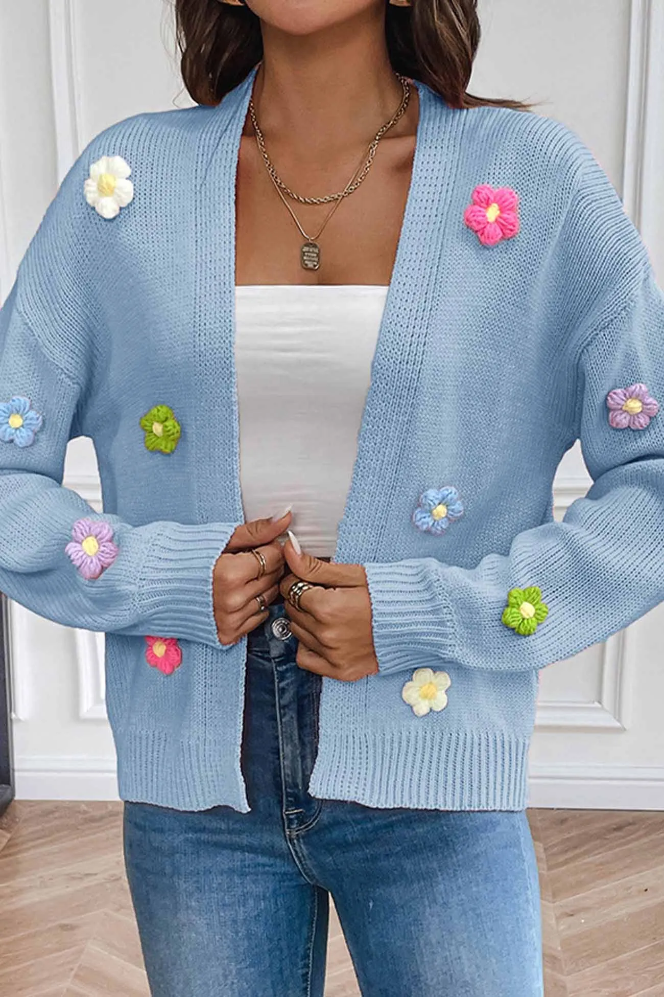 Long Sleeve Floral Knitted Cardigan