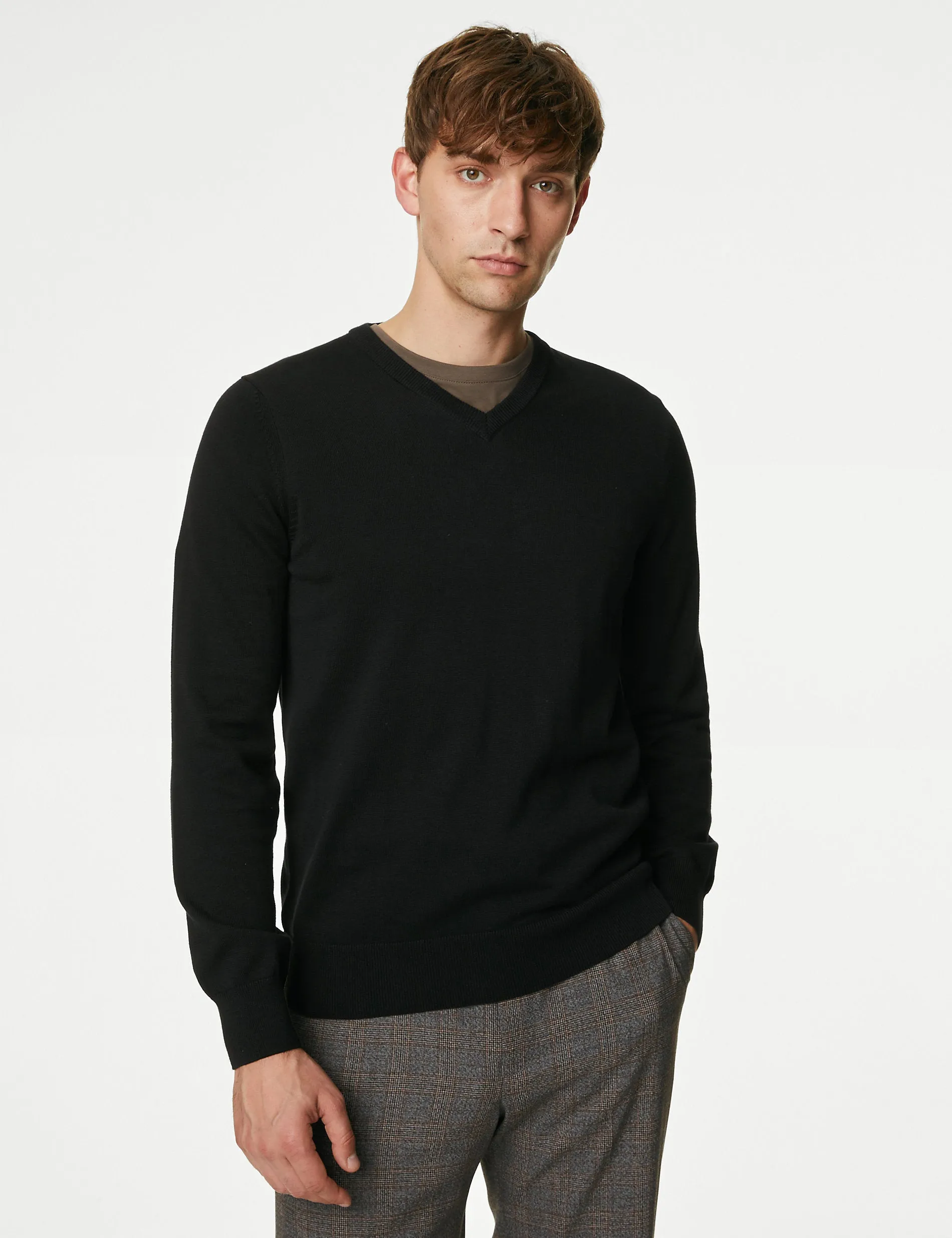 Marks & Spencer Pure Cotton V Neck Knitted Jumper, Black