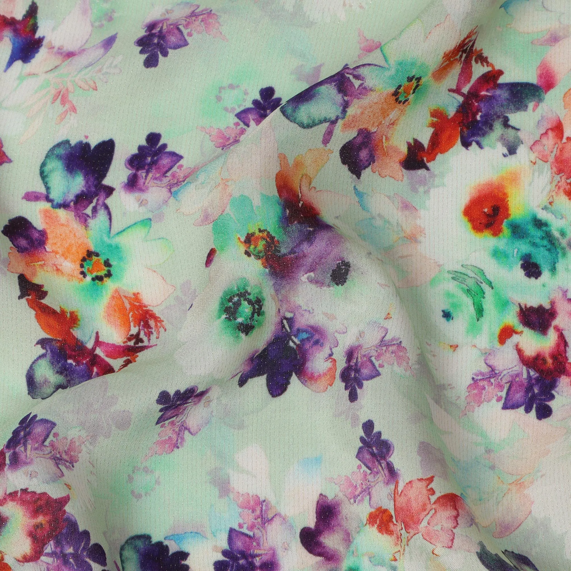 Mint Green Multi-Color Floral Viscose Crepe Digital Print Fabric, 110 cm Wide, Made in India-D20998