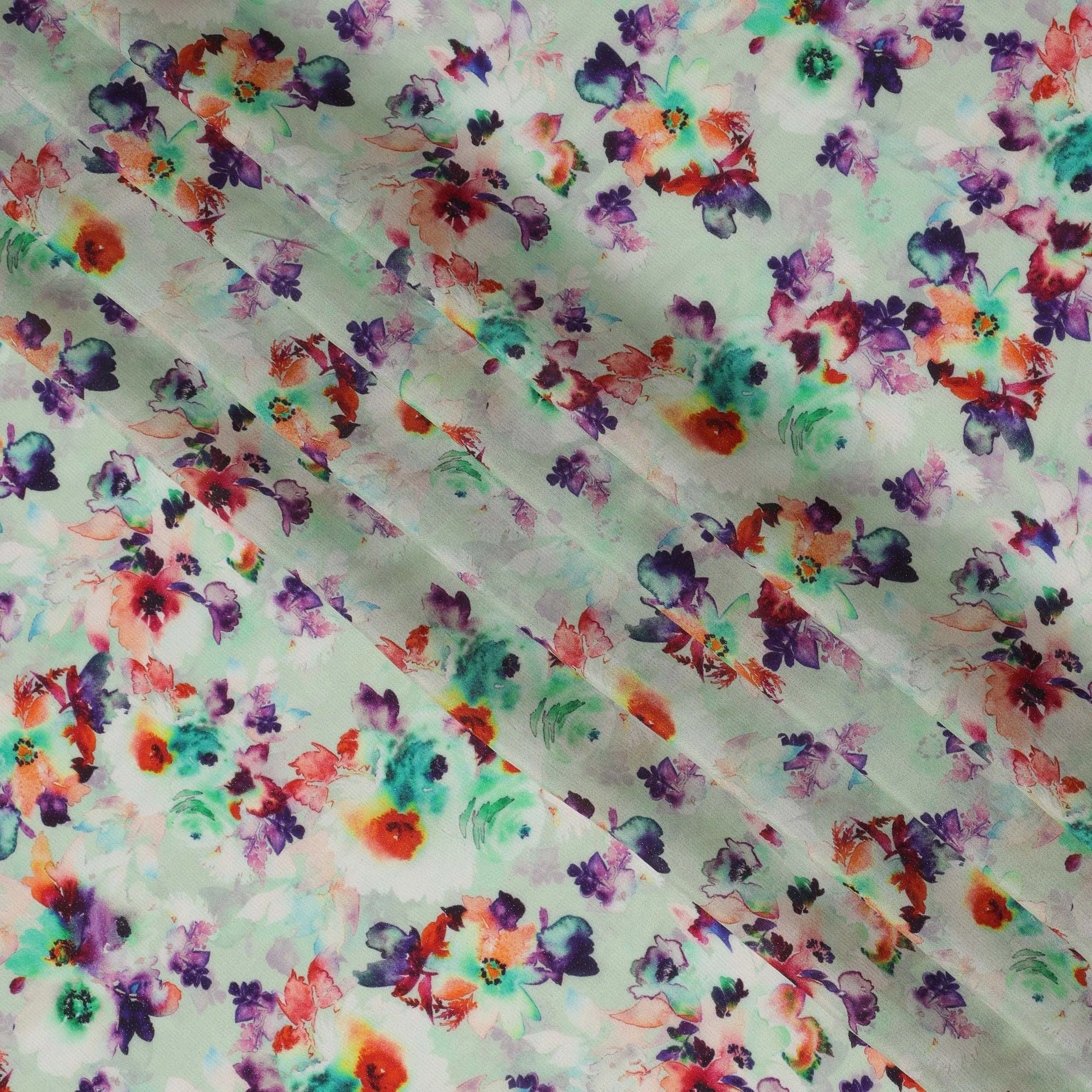 Mint Green Multi-Color Floral Viscose Crepe Digital Print Fabric, 110 cm Wide, Made in India-D20998