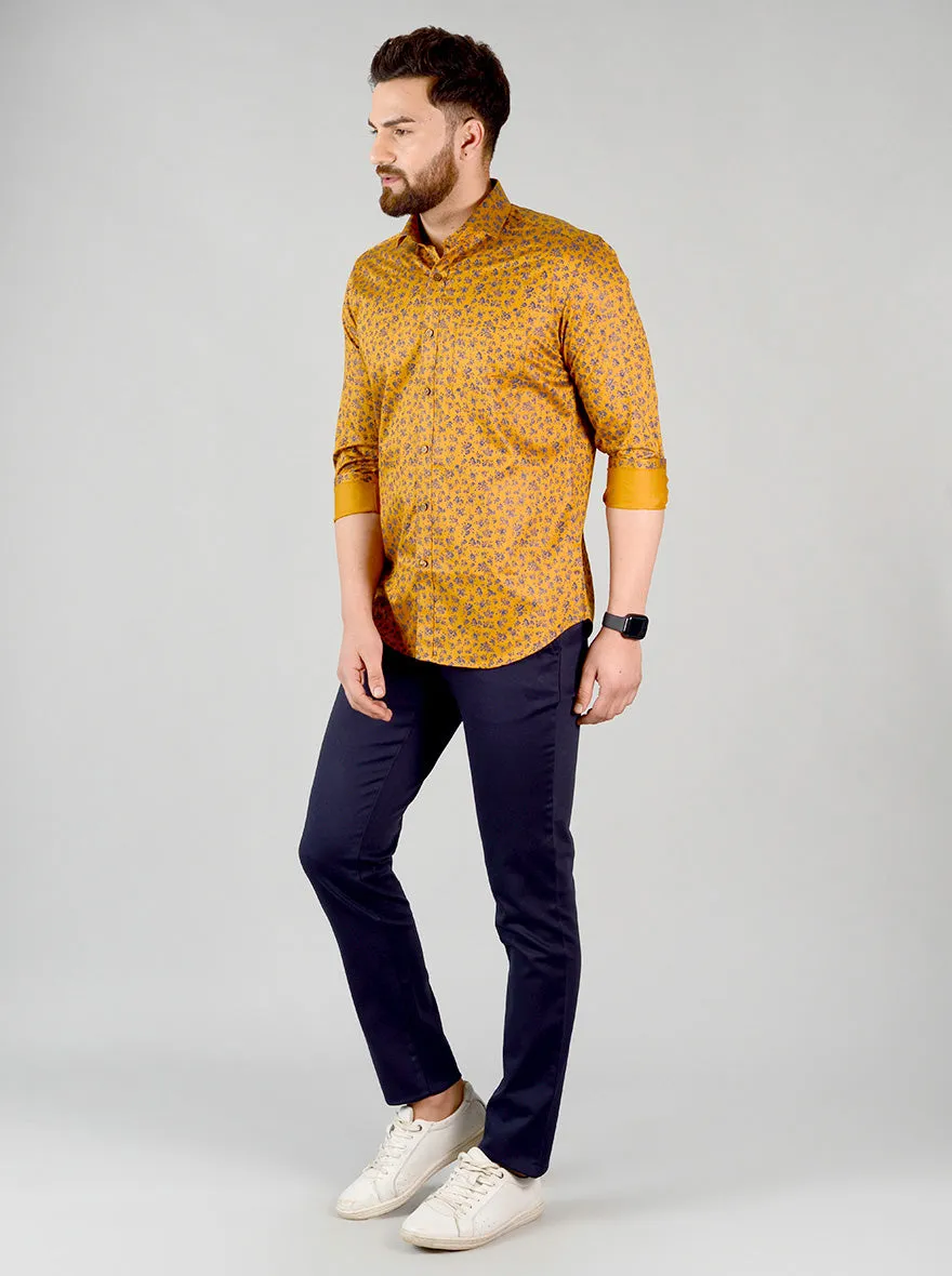 Mustard Yellow & Blue Printed Slim Fit Formal Shirt | JadeBlue