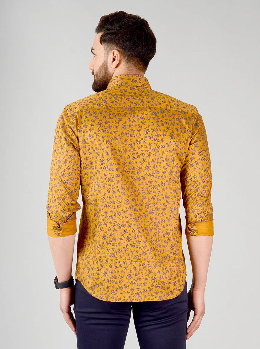 Mustard Yellow & Blue Printed Slim Fit Formal Shirt | JadeBlue