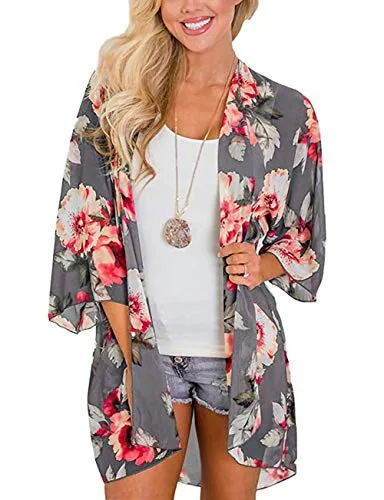 Naivikid Womens Kimono Cardigans Floral Print Chiffon BKimono Cardigans Floral Print each Cover ups Loose Casual Tops Lotus Root Banana Leaf S