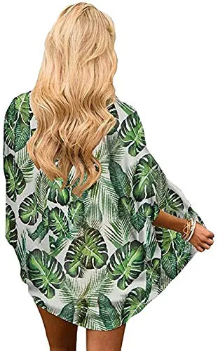 Naivikid Womens Kimono Cardigans Floral Print Chiffon BKimono Cardigans Floral Print each Cover ups Loose Casual Tops Lotus Root Banana Leaf S