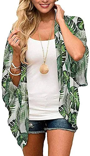 Naivikid Womens Kimono Cardigans Floral Print Chiffon BKimono Cardigans Floral Print each Cover ups Loose Casual Tops Lotus Root Banana Leaf S