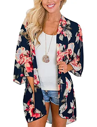 Naivikid Womens Kimono Cardigans Floral Print Chiffon BKimono Cardigans Floral Print each Cover ups Loose Casual Tops Lotus Root Banana Leaf S