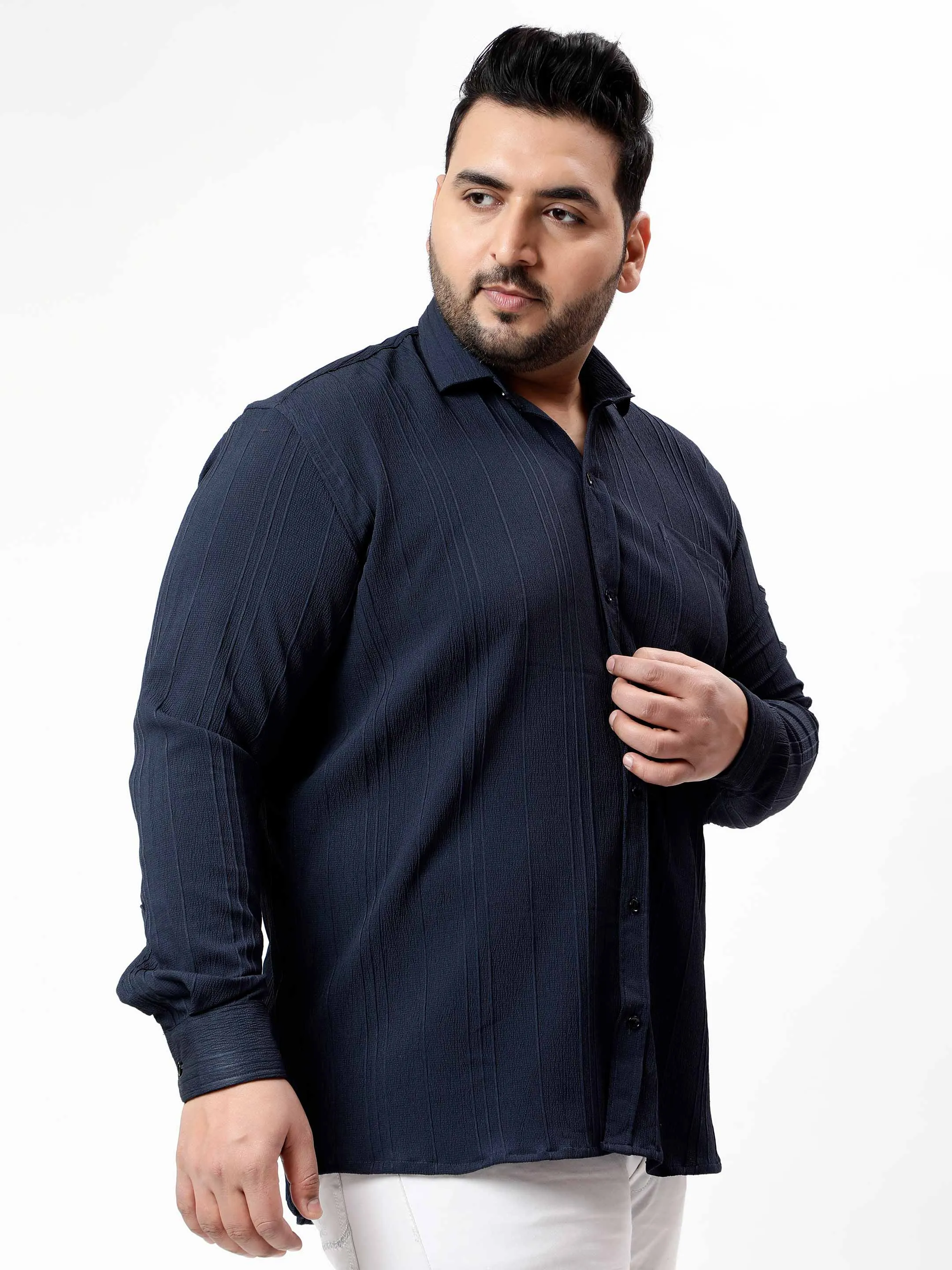 Navy Blue Pintex Solid Textured Plus Size Shirt