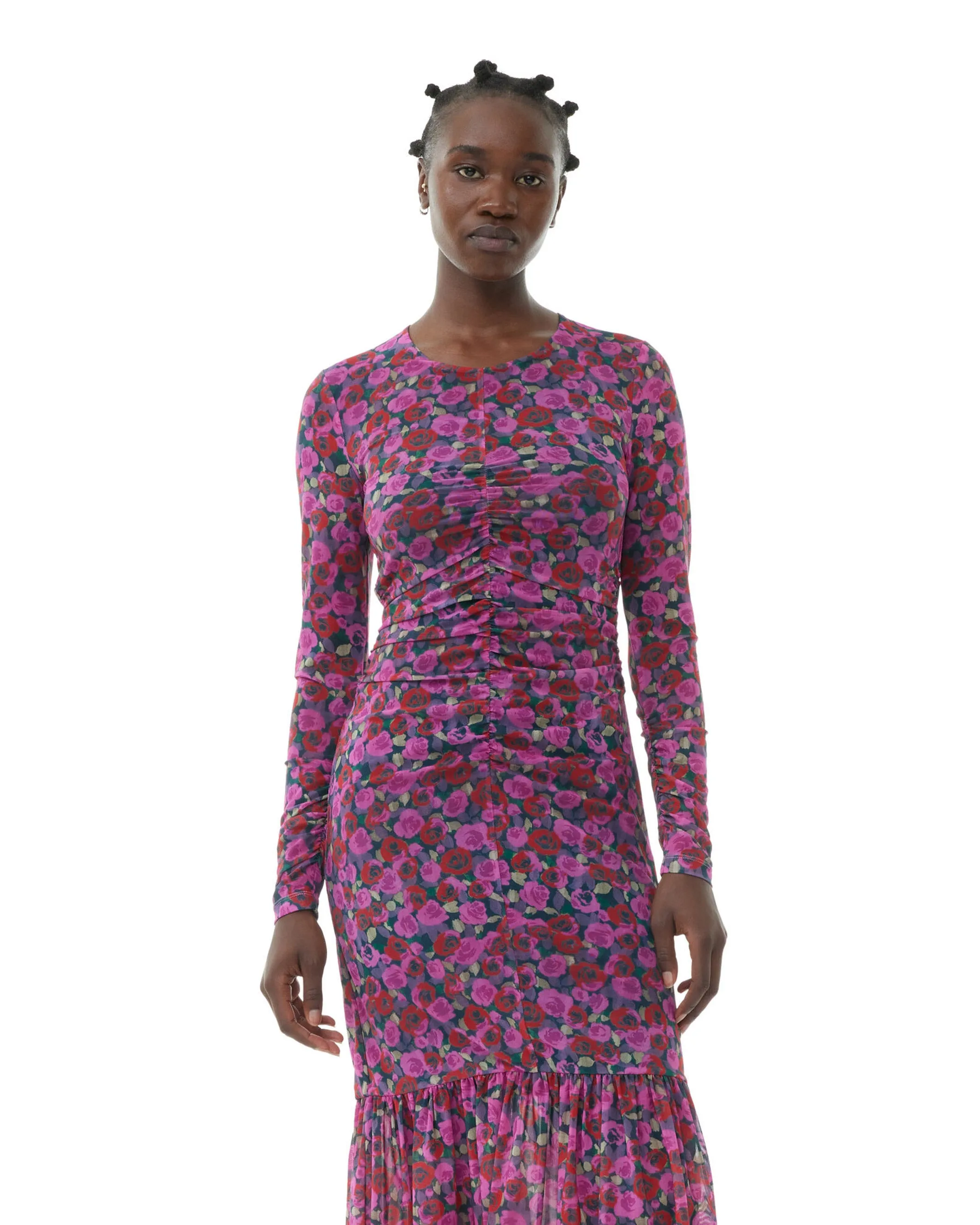 Printed Mesh LS Gathered Dress