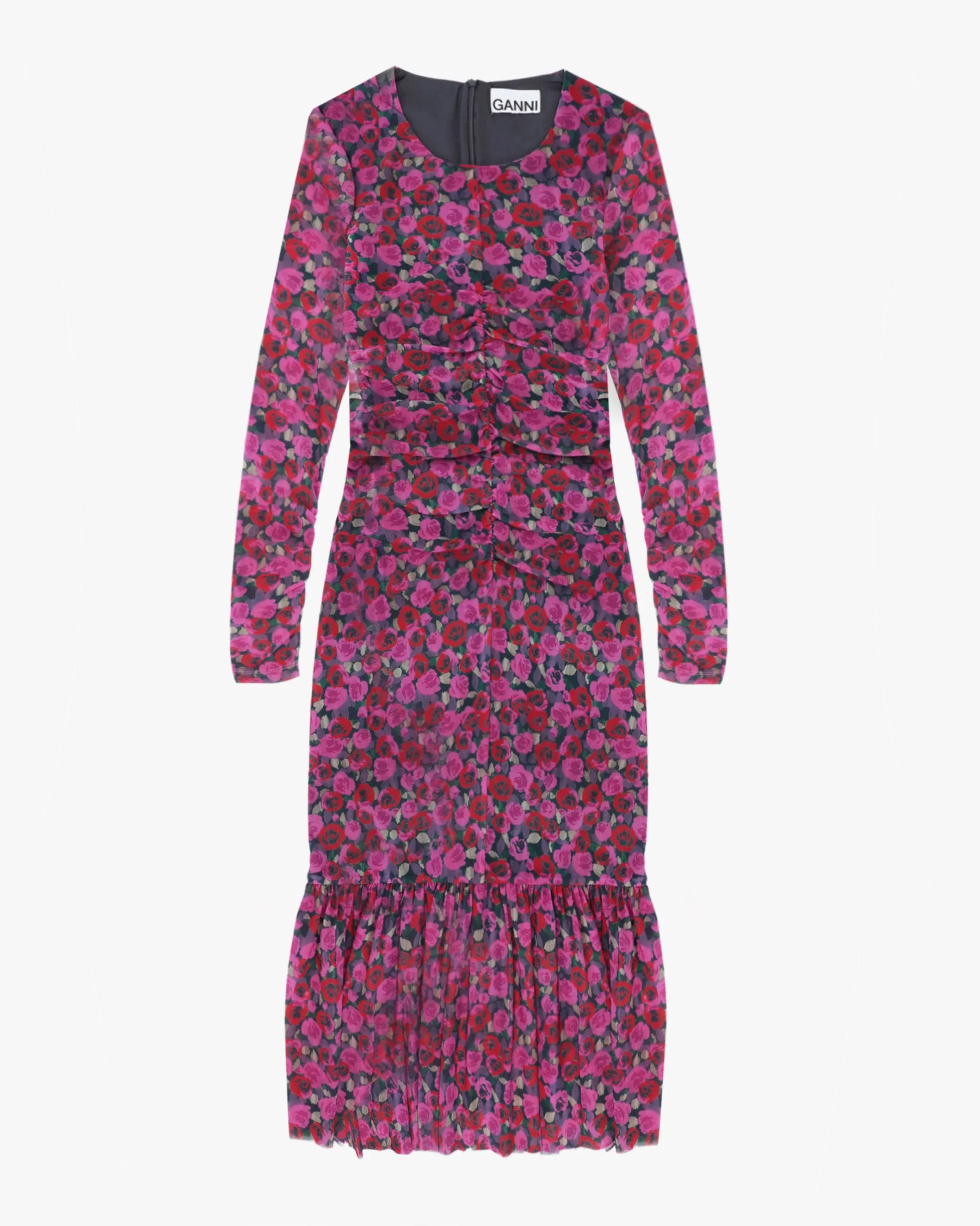 Printed Mesh LS Gathered Dress