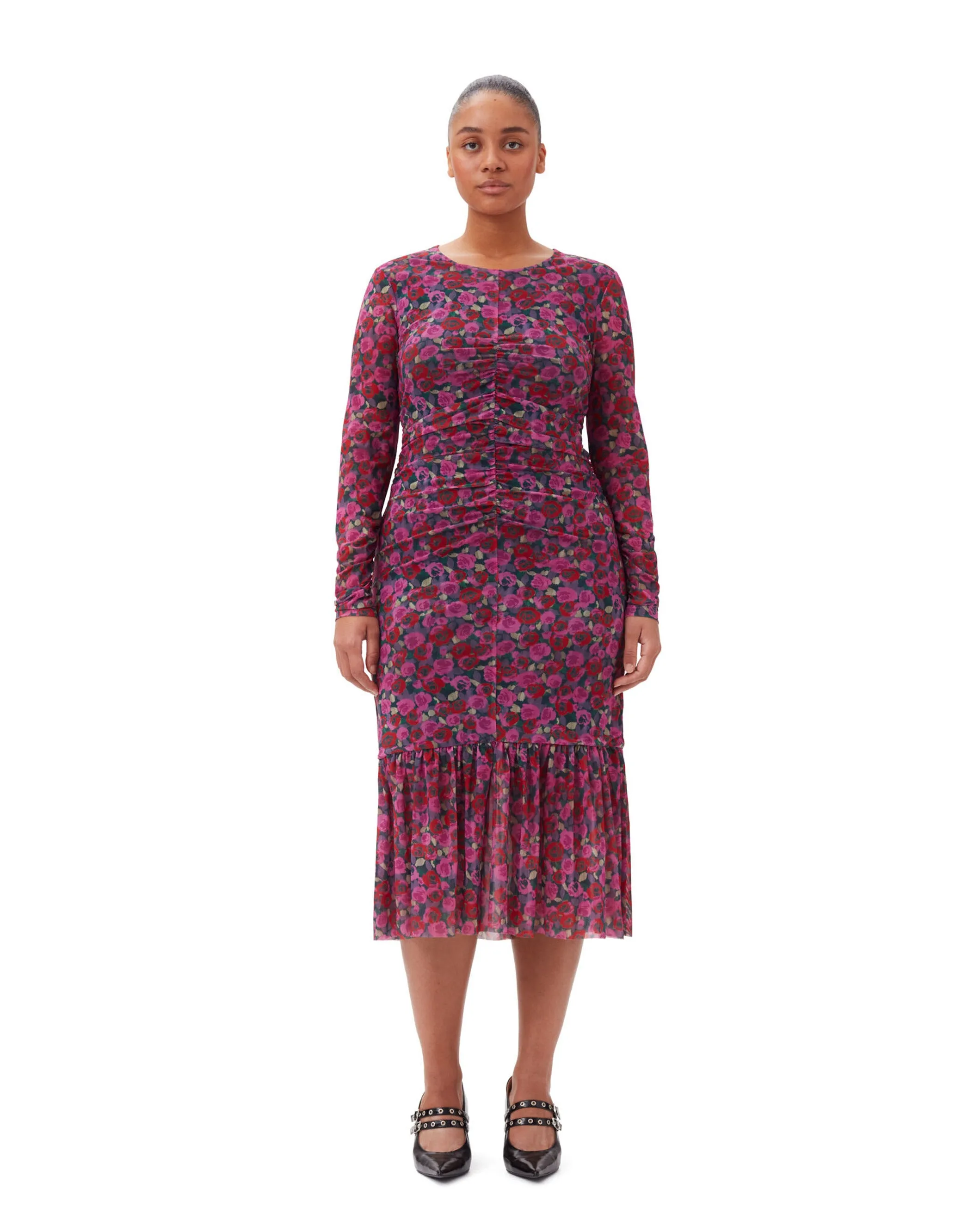 Printed Mesh LS Gathered Dress