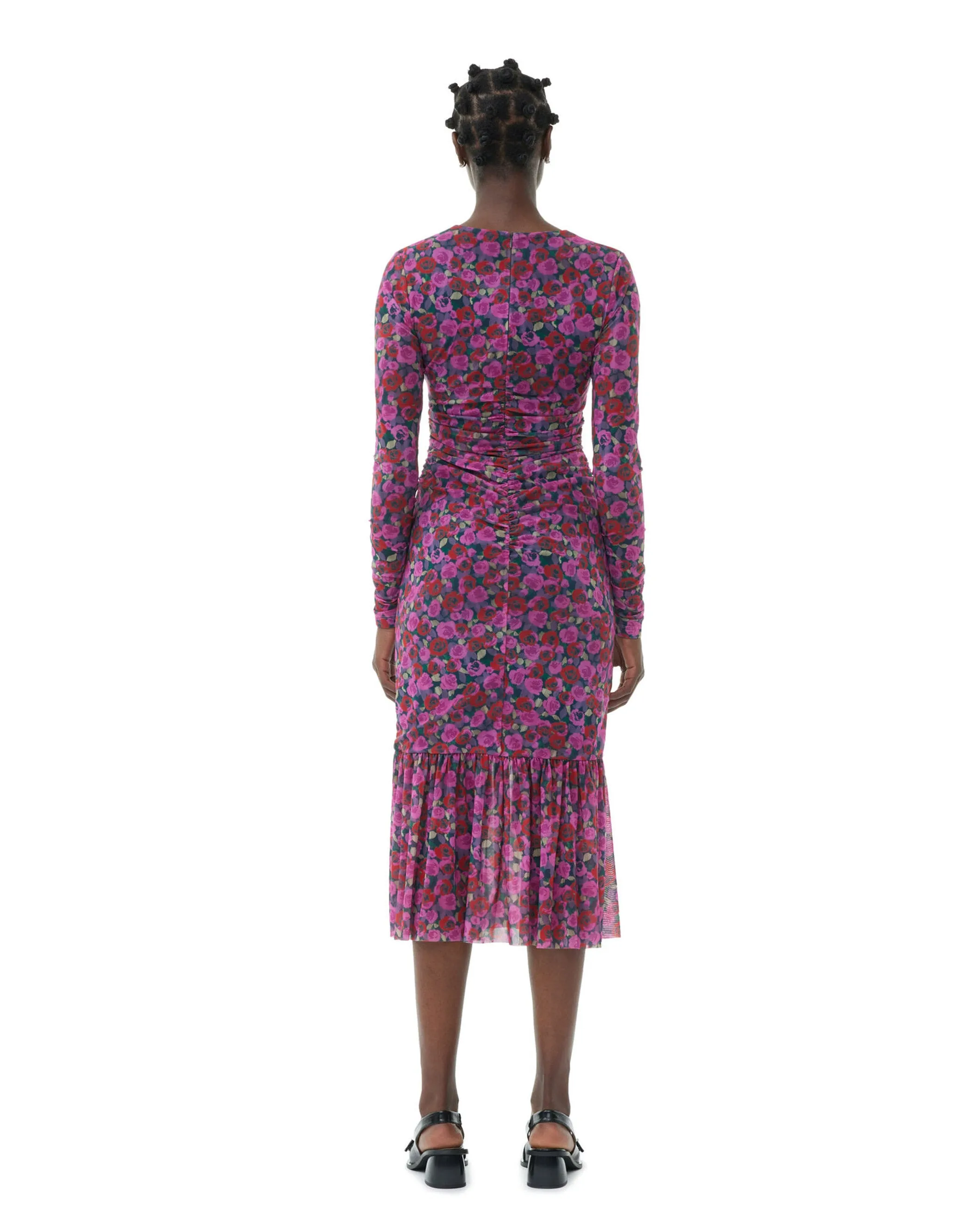 Printed Mesh LS Gathered Dress