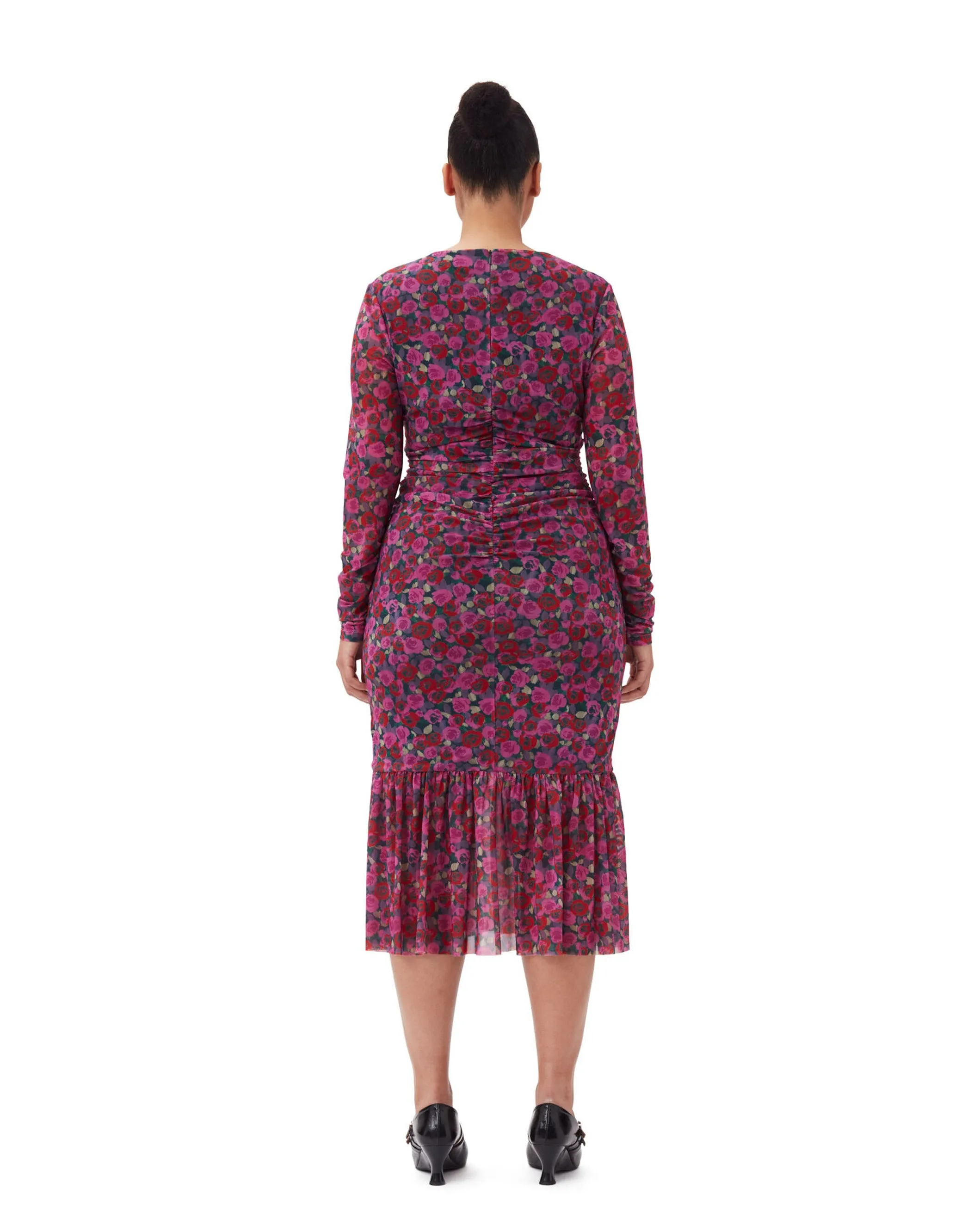 Printed Mesh LS Gathered Dress