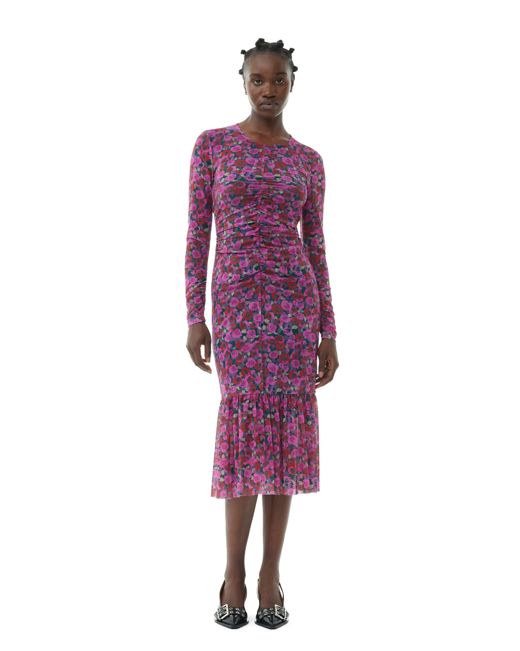 Printed Mesh LS Gathered Dress