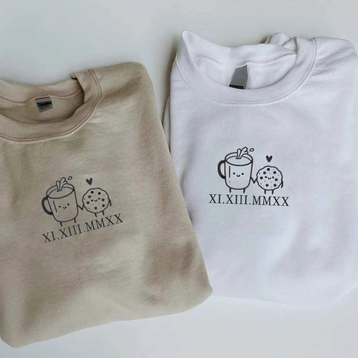 "Cookie and Milk Custom Roman Numeral" Couple Sweatshirts - Custom Embroidered Matching Hoodies For Couples