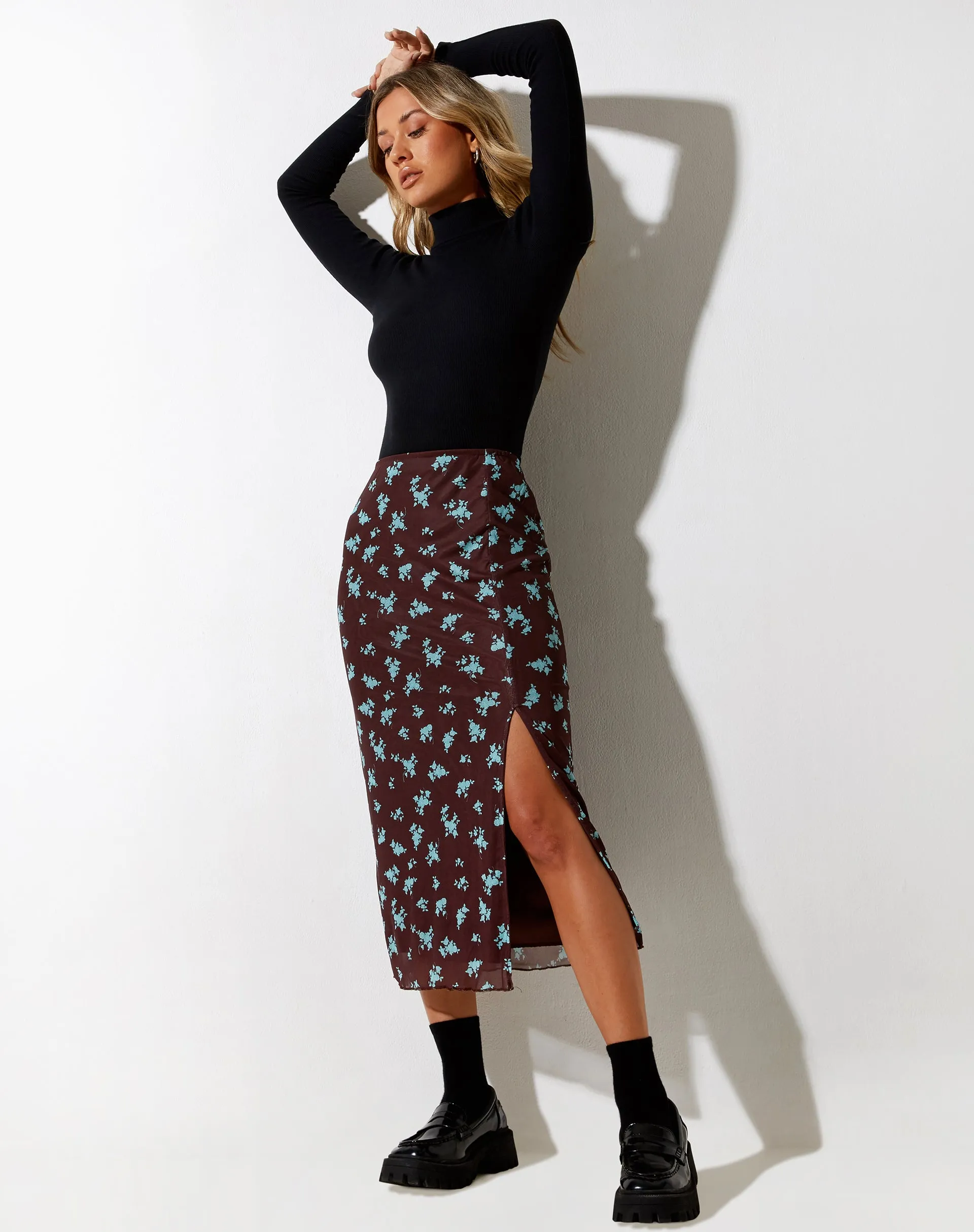 Rindai Midi Skirt in Femme Floral Blue and Brown