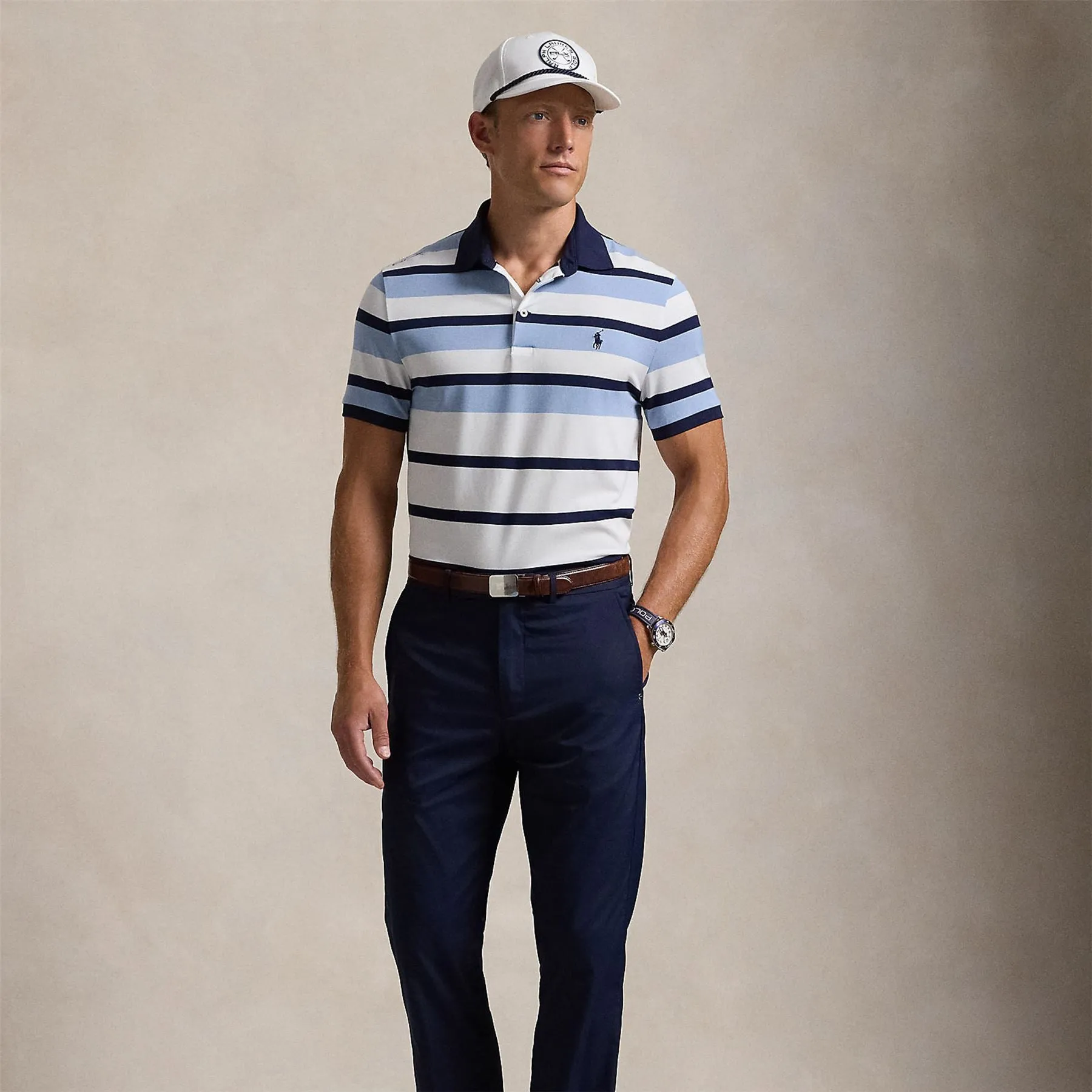 RLX Tailored Fit Performance Pique Stripe Polo Estate Blue - AW24